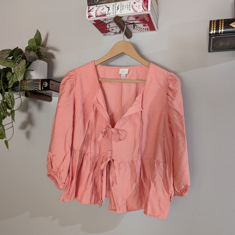 A New Day | Peach Puff Sleeve Tiered Tie Front Blouse | Women's Size L